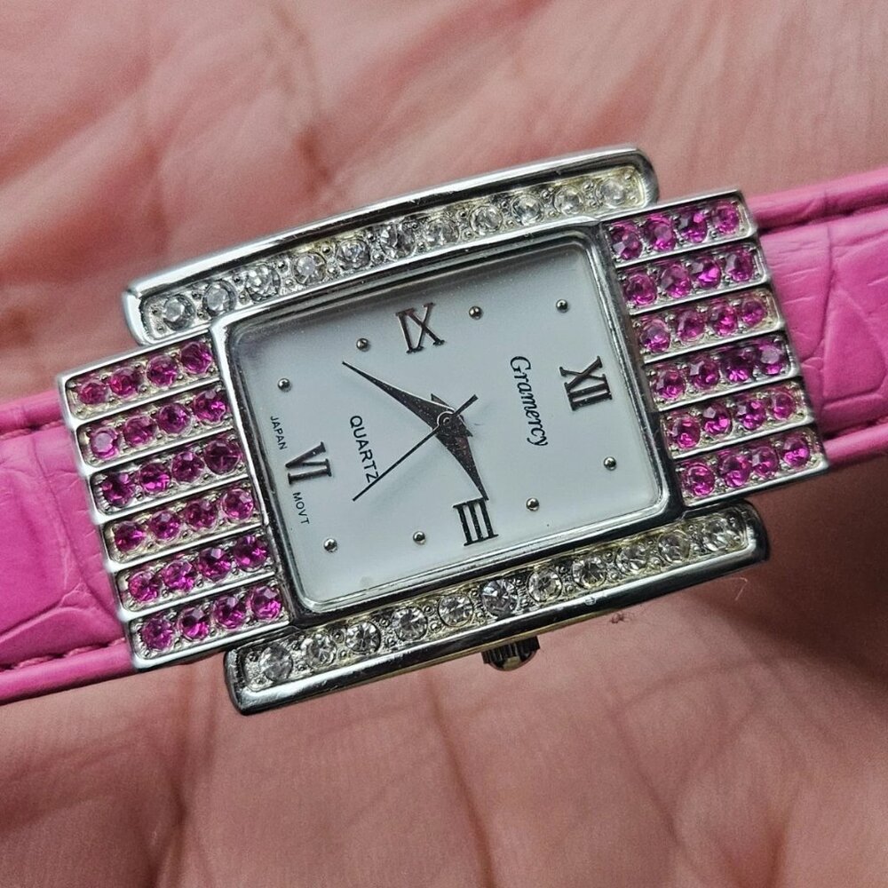 Gramercy Ladies Wristwatch Pink Faux Leather Strap Pink/Clear Crystals Accent